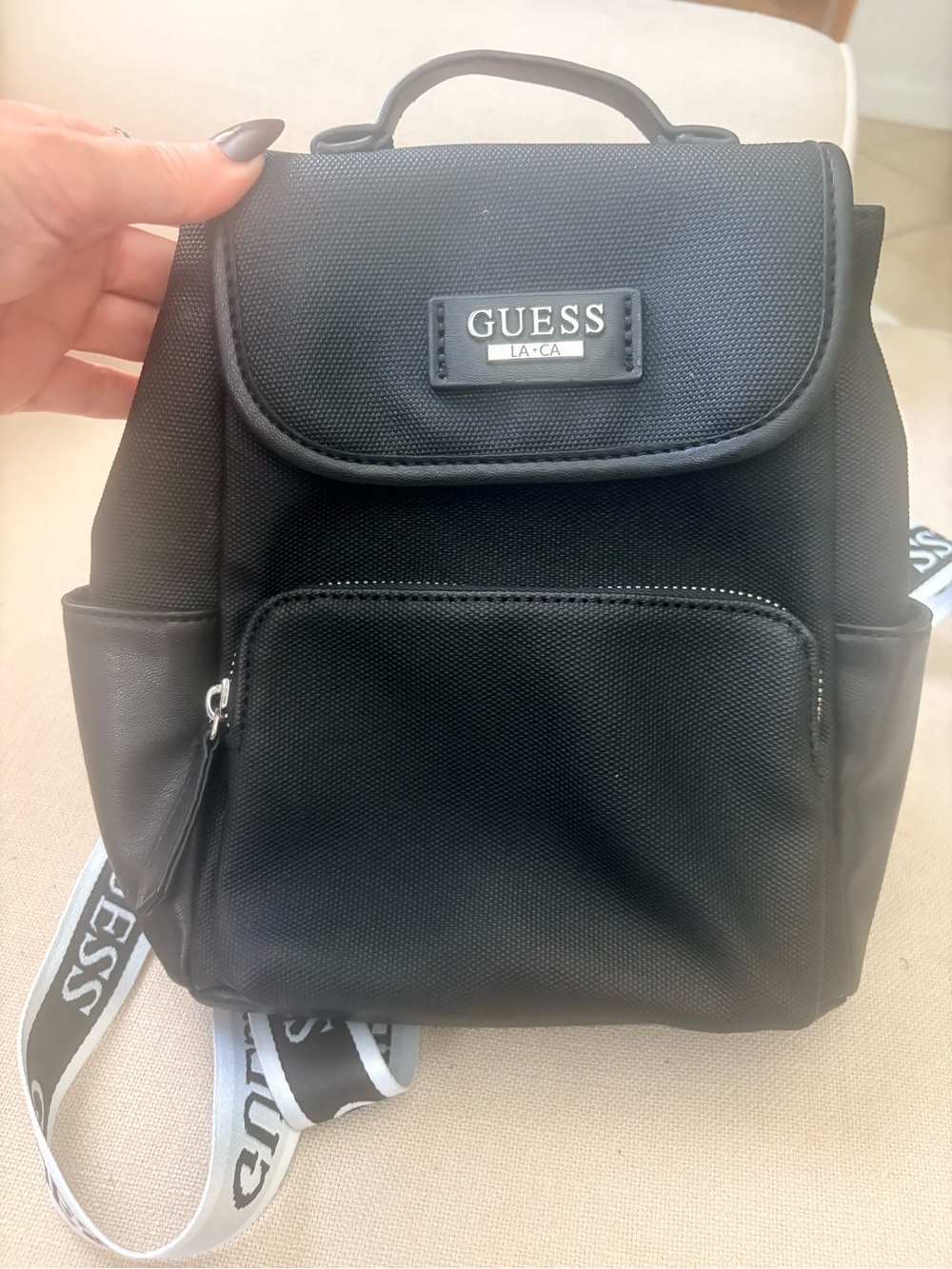 GUESS Black Logo-Trim Backpack with Front Zip Pocket